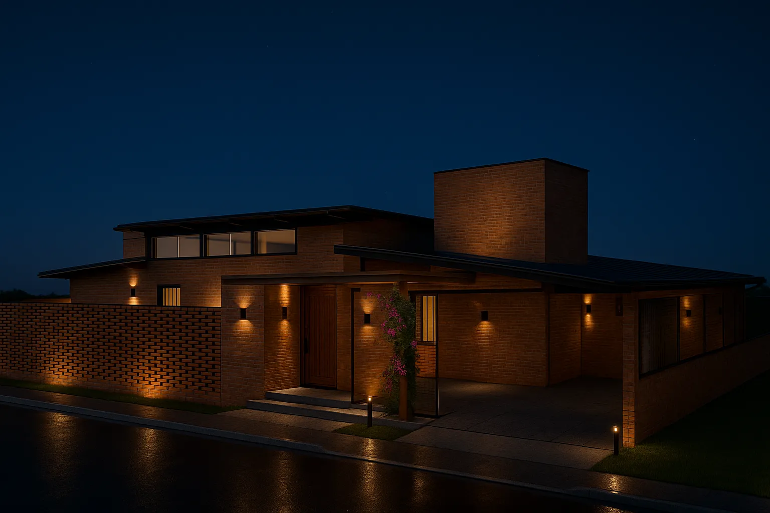 Fachada de casa em tijolo ecológico iluminada à noite